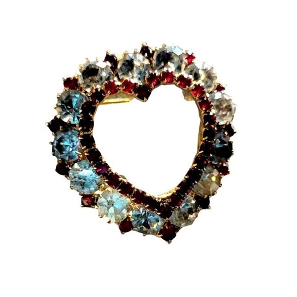 Vintage Heart Brooch White & Red Rhinestones Collectible Gold-Tone Pin 1.25" - Picture 1 of 7